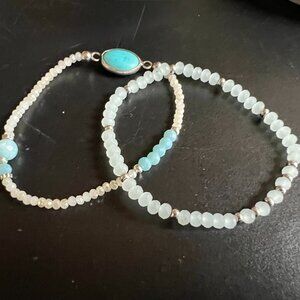 FIRM!  2-Piece Set of Ice Blue/White and Silver Stretch Bangles/Bracelets